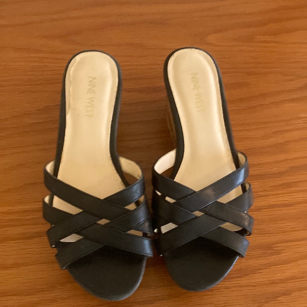 9 West women’s platform wedge black leather upper open toe slip on’s-cork wedge